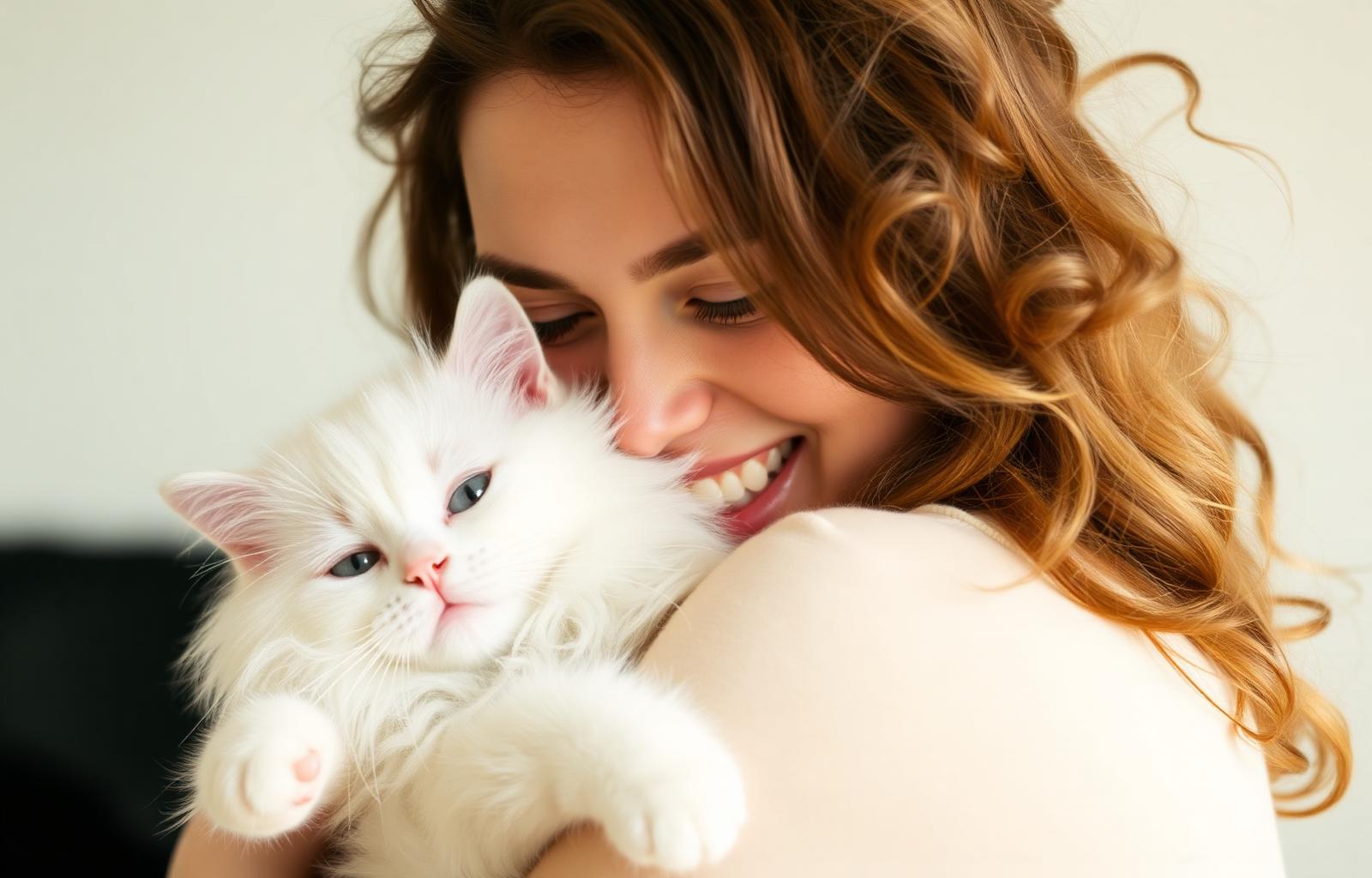 Smiling woman hugging her white cat